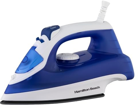 Hamilton Beach Steam Iron, 2200W, SteamMax, Non-Stick Ceramic Soleplate, Dry or Steam Ironing, Spritz Function, Crease Removal, Vertical Steam, Easy Fill Tank, Self Cleaning, Blue/White - HB508BW