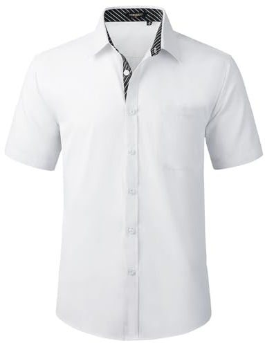 HISDERN Mens Short Sleeve White Shirt Casual Shirts Business Regular Fit Dress Shirts for Men Non-Iron Stretch Shirt with Pocket,XL