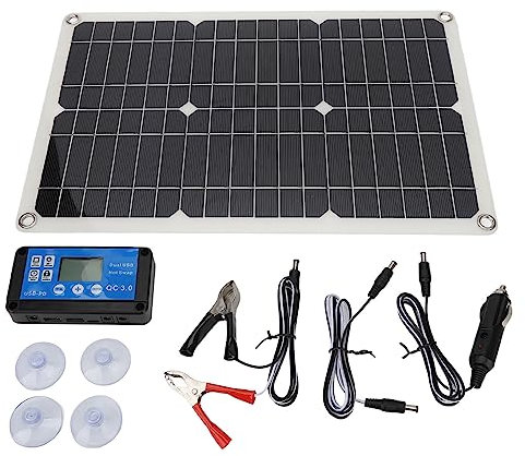 LOCADENCE Solar Battery Trickle Charger, 100W 18V Monocrystalline Silicon ABS Dual USB Ports High Conversion Efficiency Low Light Performance Charger for Car Batteries