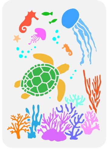 FINGERINSPIRE Meereslebewesen Malerei Große Schablone 21x29.7 cm PET Schildkröte Qualle Seepferdchen Wasserpflanze Sprühschablone Seestern Fisch Algen Koralle Schablone Sommer Ozean Thema Wandvorlage