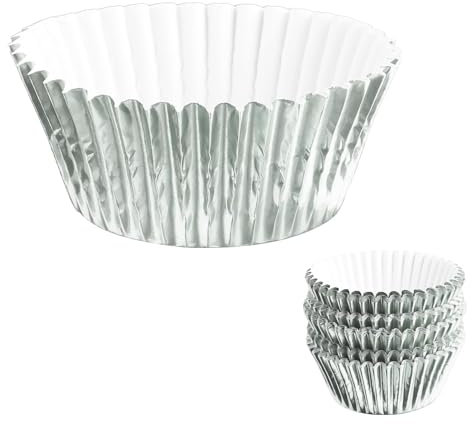 Thyonta 100PCS Muffin Cake Cups Colourful Thickened Aluminium Foil Oil-Proof Disposable Baking Paper Tray Suitable for Storing Mini Food (Silver)