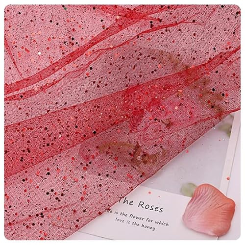 Hrlace Sparkly Stoff Fabrics Meterware Pailletten Stoffe Tüllstoff Netzstoff Glitzer Garn Dekostoff mit kleine Pailletten für DIY handgemachte Hochzeit Kleid Home Deko Rot 150cm * 1m