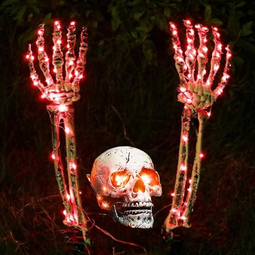 Esqueleto Iluminado Decoración de Halloween al Aire Libre, Cráneo Iluminado LED y 2 Brazos Estacas Decoración de Jardín, Realista Cementerio Jardín Patio Decoraciones de Halloween