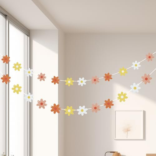 Moorle 2 Packs Gänseblümchen Boho Banner, Gänseblümchen Party Deko, Orange Gänseblümchen Girlande, Kinder Geburtstag Deko, Papier Geburtstagsdeko Blumen für Mädchen Innen Draußen