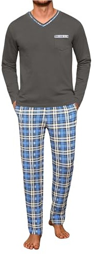 Demegimi Herrpyjamas lång vinter bomull rutig pyjamas-set, mjuk husdräkt, med V-ringning, långärmad skjorta och pyjamasbyxor, GRÅ, XXL