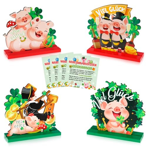 HOWAF Silvester Tischdeko Holz Glücksschwein und Neujahrskarten, Kleeblatt Glücksbringer Silvester Mitbringsel Neujahrsglücksbringer Neujahrsgeschenke für Viel Glück, Silvester Deko 2025 Tisch