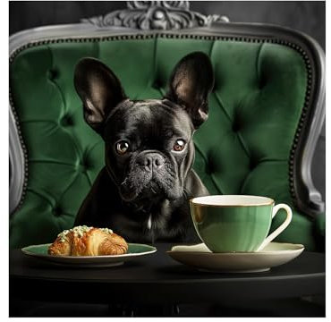 Glasbild Frenchie 30 x 30 cm I HUNDEPORTRAIT MIT KAFFEE I Bild mit Bulldogge, Kaffee & Croissant I Wandbild für Küche & Café I Tiermotiv Bully Deko I Wanddekoration Hund schwarz I moderne Küchenbilder