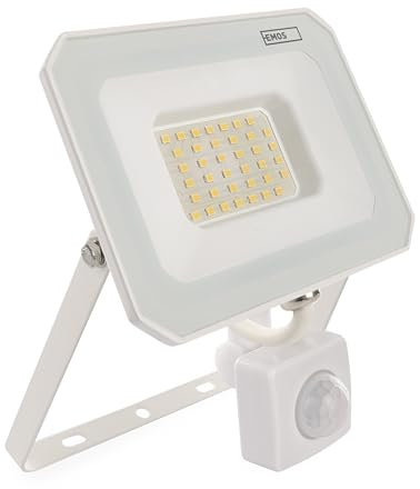 EMOS LED Strahler SIMPO 30 W mit Bewegungsmelder, superhell 3000 lm, IP44 wasserdichtes Flutlicht für Feuchtraum oder Außen, Neutralweiß 4000K, Lebensdauer 15000 St., 15 cm Anschlusskabel, weiß
