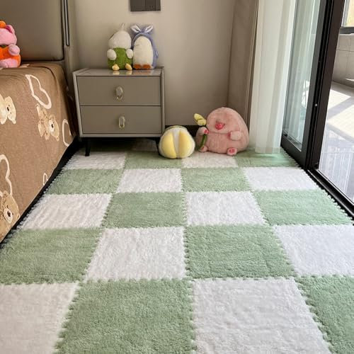 12pcs Carpet Squares Puzzle Floor Mat, Plush Interlocking Carpet Tiles, Anti Slip EVA Foam Jigsaw Floor Tiles, Build A Safe Area for Bedroom Playroom (Green+White)
