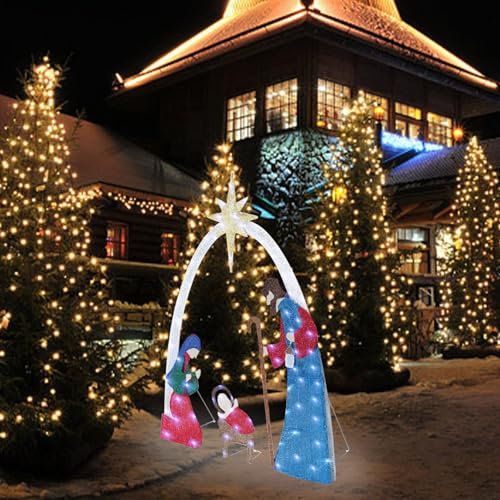 JYBBST Gartenstecker Krippe Hofschild Beleuchtet Winterdeko Weihnachtsdeko Rasen Krippe Set Religiöses Outdoor Freude Schild Dekoration Weihnachtsdeko Metall
