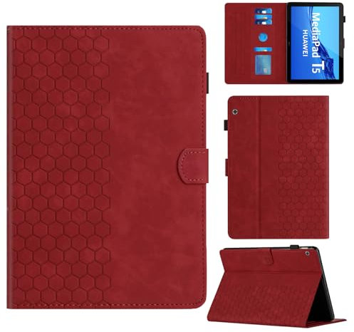 Rosbtib Hülle für Huawei MediaPad T5 10.1 Zoll 2018 Modell AGS2-W09/W19/L09 Gehäuse mit Ständer mit Kartenschlitz, Sechseckiges strukturiertes Muster Kunstlederhülle Für Huawei MediaPad T5, Rot
