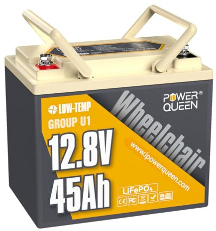 Power Queen 12V45Ah LiFePO4 Batterie, Batterie Lithium Marine, BMS Intégré Protection Basse Température Deep Cycle batterie, 4000+ Cycles pour Fauteuil Roulant électrique,Camping,Moteurs à la Traîne