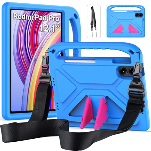 RollinCase Custodia per Xiaomi Redmi Pad Pro 12.1 Pollici 2024, Leggera Antiurto Cover per Bambini con Cavalletto e Spallacci, Blu