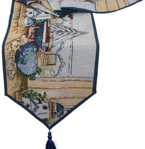Raebel Tischläufer Maritim 33x180 Gobelin Nautik Tischdekoration Tischdecke Gewebt Decke Läufer Blau mit Bommeln