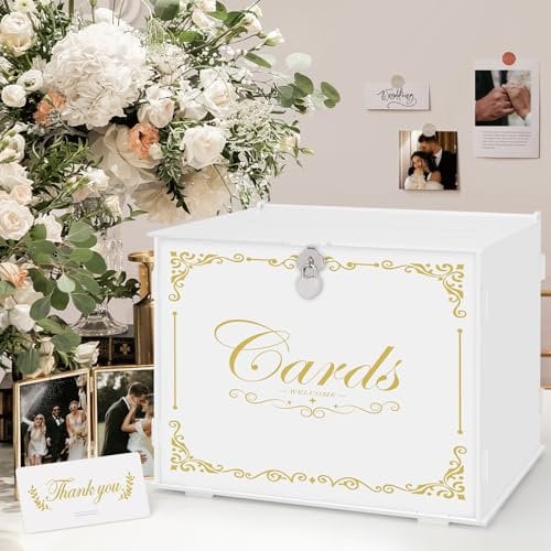 Benjia White Wedding Gift Card Box with Lock and Slot Acrylic Money Cash Post Thanks Card Box Large Letter Envelope Cards Holder Boxes for Reception Anniversary Birthday Party Bridal Baby Shower