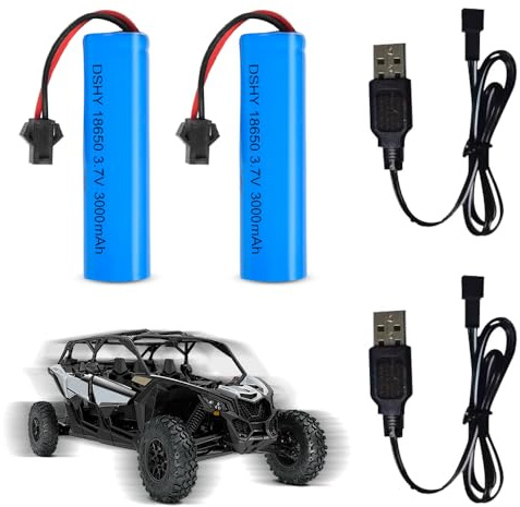 NAVESO 2 Stück 3.7V 3000mah Li-Ion Akku Wiederaufladbare Li-Ion Battery mit 2 USB Chargers SM-2P Plug, 3.7V RC Akku für RC Fahrzeuge, Boote, Panzer, Roboter