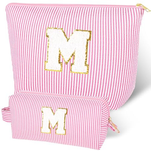 Make-up-Tasche mit Initiale, 2 Stück Personalisiert Schminktasche Damen, Nach Initialen Reise-Make-up-Tasche für Frauen, Mama, Freundin, Muttertag, Valentinstag, Geburtstagsgeschenk（Rosa M）