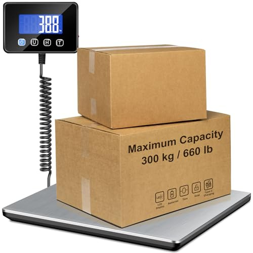 RAOYAN Paketwaage 300kg Plattformwaage 20g Genauigkeit Briefwaage, Kofferwaage für Pakete/Lager/Gepäck,Paketwaage mit LCD/Hold/Tara Funktion, Batterien&Typ-C