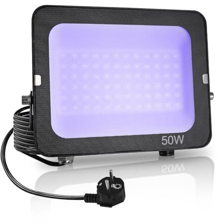 Fosingut Lumiere Noire Led 50W, Puissant Projecteur UV LED avec Prise,395-400nm Etanche Noire Lampe Extérieur pour Fête Néon,Fluo Peinture Corporelle,Scène,Étape,Jeu de lumiere soiree DJ,Résine,Noël
