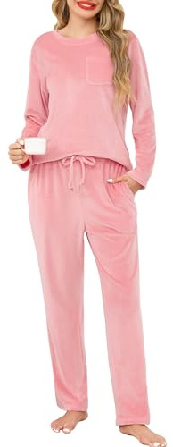 Lovasy Pyjama Femme en Polaire Douce Ensemble de Pyjama Hiver Chaud | et Moelleux Col Rond Vêtements de Nuit à Manches Longue avec Poches