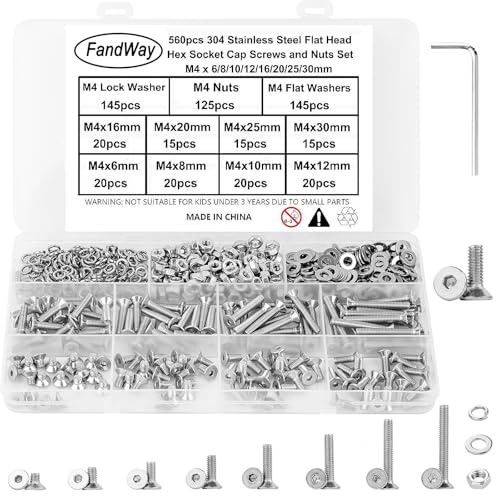 FandWay M4 Schrauben Set,560 Stück Senkkopfschrauben mit Innensechskant,Flachkopf Gewindeschrauben,Sechskantschrauben Edelstahl 304,Maschinenschrauben Muttern und Unterlegscheiben Set mit 1 Schlüssel.