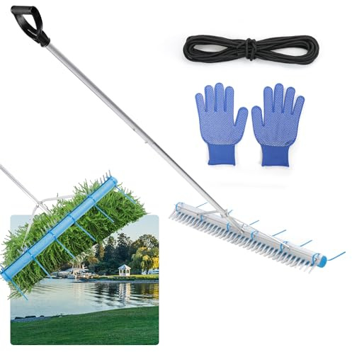 Sand rake, Floating Aluminum Lake Weed Rake with 105 Long Handle 33FT Rope for Loosening oil Lawn Care Weeding Lake Garden Beach