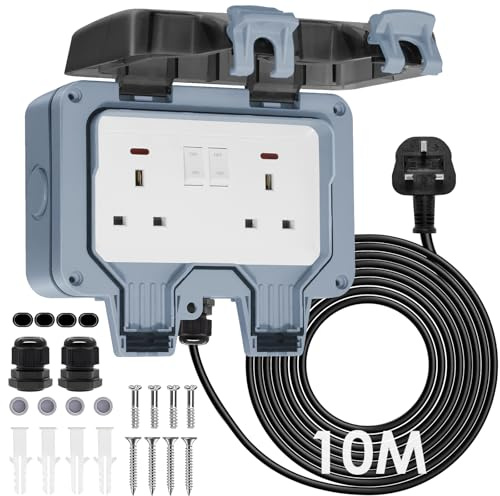 BSEED 10M Cable Outdoor Double Socket IP66 Waterproof 13Amp, Weatherproof Outdoor Double Switched Power Wall Socket with LED Indicator, for Garden, Patio, Yard, RV, Camping, Grey