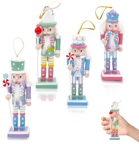 Color Wooden Nutcracker Soldier for Christmas,4Pcs 12.5cm Wooden Figure Ornament,Christmas Tree Tabletop Decoration,Small Nutcracker Soldier Puppet Doll Pendant Hanging for Tree Xmas Gift Indoor Decor