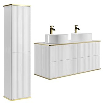 Vente-unique - Meuble de Salle de Bain Suspendu strié avec Double Vasque à Poser Ronde et Colonne - Blanc - 120 cm - KELIZA