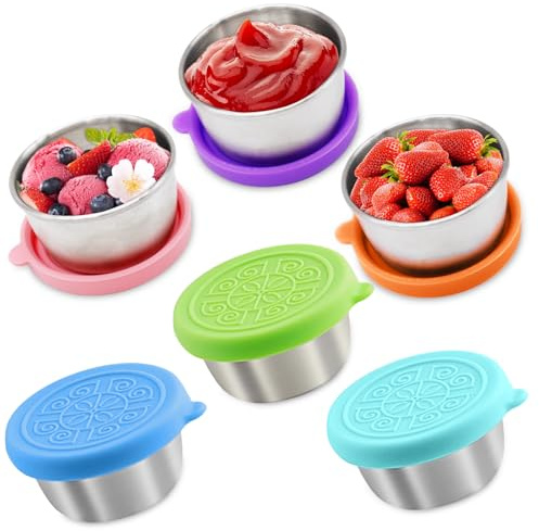 6 Piezas Recipientes para Salsa Acero Inoxidable 50ml | Botes para Aliños, Aderezos y Salsas con Tapa de Silicona Antigoteo | Ideales para Ensaladas, Picnic, Comida para Llevar | Fáciles de Limpiar