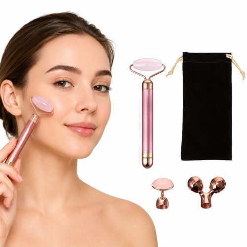 Beavorty Rouleau de Massage Facial Électrique en Pierre de Jade Naturelle et Quartz Rose Appareil Anti-Âge pour Visage Stimulation Circulation Sanguine Kit de Massage Visage en Rose