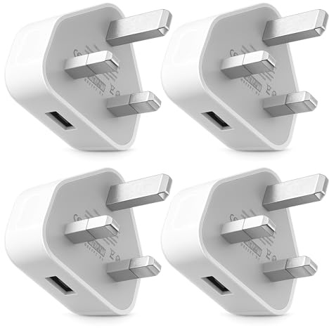 USB Charger Plug UK 4 Pack, 5V 1A USB Wall Plug Adaptor with 3-Pin UK Mains Adapter, Fast Safe Charging Compatible with iPhone 14/13/12/11/XR/XS/SE/8 for iPad Huawei Pixel Samsung
