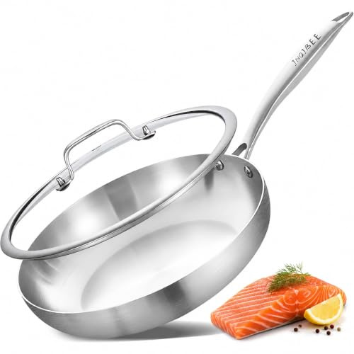 Inqibee poêle inox 28cm Inox avec 1 Couvercle,Sans PFAS, Triple Fond | compatible induction et tous feux,Poêle en acier inoxydable,poignée anti-brûlure confortable, passe au four et lave-vaisselle