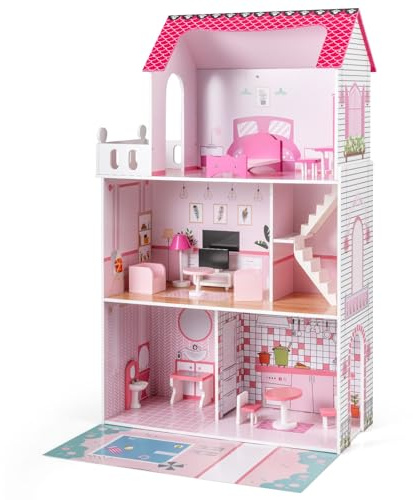 FANTASK Maison de poupée en Bois de 120,5 cm de Haut, Villa de poupée avec 3 étages et 17 Meubles, Maison de Jeu pour Filles et garçons à partir de 2 Ans, 73 x 34 x 120,5 cm, Rose