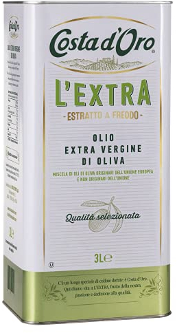 Costa d’Oro – L’Extra 3L. Olio Extravergine di oliva estratto a freddo. Sapore equilibrato, adatto a tutte le ricette e come condimento per insalate. Latta da 3 litri.