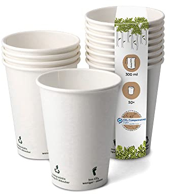 BIOZOYG 50x Disposable Coffee Cups 300 ml / 12 oz, Ø 90 mm White with Environmental Icons - Paper Cups for hot Drinks Plastic-Free - Coffee Cups Disposable