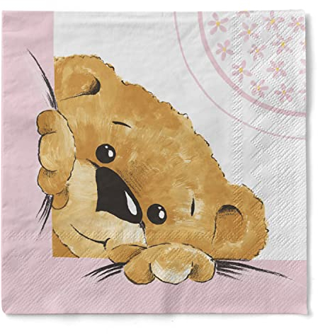 Sovie HOME Serviette Teddy | Tissue-Servietten 33x33 cm | saugstarke und hochwertige Einweg-Servietten | ideal für Geburtstag/Geburt | 20 Stück (Rosa)