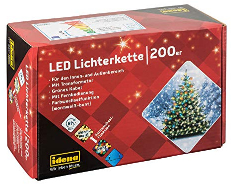 Idena 31098 - LED Lichterkette mit 200 LED, Farbwechselfunktion in warm weiß und bunt, mit 8 Stunden Timer Funktion, Innen und Außenbereich, für Partys, Weihnachten, Deko, Hochzeit, ca. 24,9 m