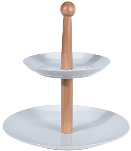Excellent Houseware – Etagere Porcelana Color Blanco con 2 Pisos Pisos, Bandeja de cerámica y Madera para Fruta