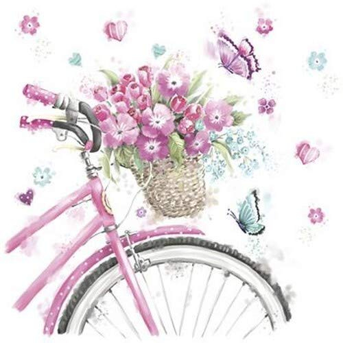 20 Servietten Fahrrad mit Blumenkorb als Tischdeko für den Frühling und Sommer 33x33cm