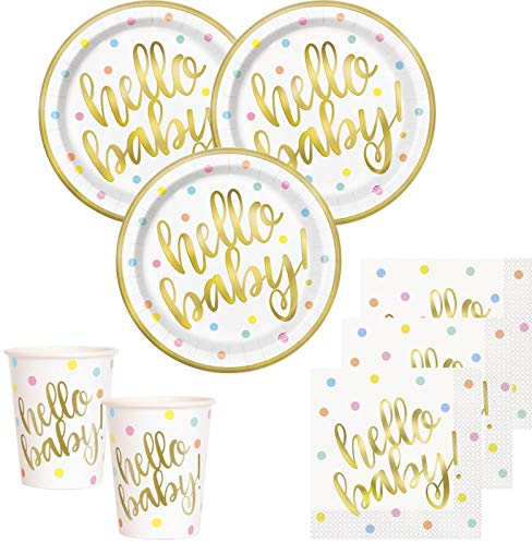 32 Teile Hello Baby Babyshower Party Deko Set Gold foliert für 8 Personen