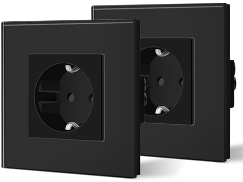 BSEED Schuko Steckdose 2er Pack, 16Amp AC Power Kristallglas Platte, 1 Fach Unterputzdose Steckdose, 86mm Single Schutzkontaktbuchse Wandsteckdose Wandsteckdose Schwarz