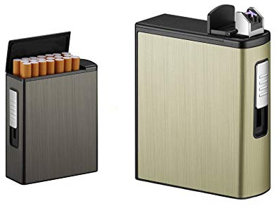 Étui à cigarettes pour tout paquet de cigarettes 20 pièces, étui à cigarettes étui à éjection automatique avec briquet à double arc rechargeable USB, sans flamme, coupe-vent, étanche (Gold, Arc)