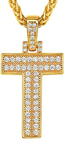 Suplight Iced-Out Kette für Männer Jungen 18k vergoldet Buchstabe T Anhänger Halskette 3mm/56+5cm Weizenkette Hiphop Modeschmuck Accessoire für Rapper Biker