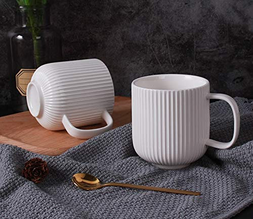 Porcelain White Mugs for Coffee, Tea, Cocoa, Set of 4, 12 oz, Lined Texture, Ribbed, Matte