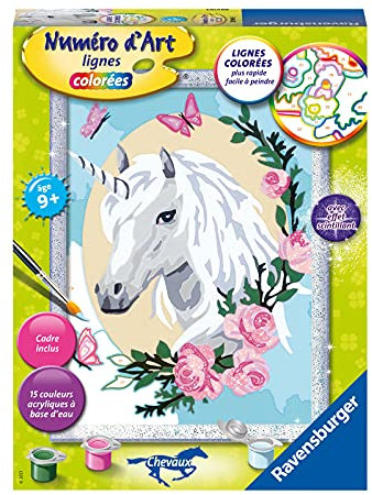 Ravensburger – Numéro d’Art Moyen Format – Licorne Fleurie Loisir créatif Kit de Peinture par numéros avec Effet Scintillant –Activité détente et créative Dès 9 Ans 29049 Version française