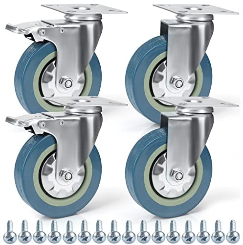 Kurtzy Lenkbare Rollen Schwerlast (4Stk) - 100mm Möbelrollen Gummi Feststellbare Rollen mit Bremse, Schrauben & Metallplatten - Max. 280kg für Trolleys, Möbelroller Transportroller, Werkbank Rollen