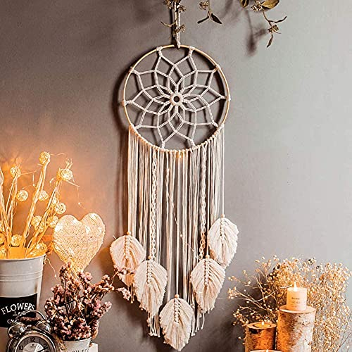 Boho Traumfänger,Makramee Traumfänger Dreamcatcher Handgefertigt Wandbehang Bohemian Dekoration für Schlafzimmer Wohnzimmer Hochzeit Baby Shower Home Decor Mädchen Kinder Geschenk,5 Blätter Mandala