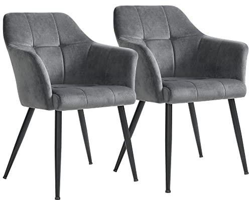 SONGMICS Esszimmerstühle, 2er Set, Sessel, Loungesessel, mit Armlehne, hohe Rückenlehne, Metallbeine, Bezug aus Samt, bis 110 kg belastbar, für Esszimmer, Küche, Wohnzimmer, grau LDC071G02