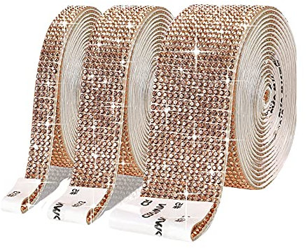 3 Rolls Gold Self-Adhesive Crystal Rhinestone Diamond Ribbon with 2 mm Rhinestones,Bling Home Accessories Rhinestone Stickers for Arts Crafts Home Cake Wedding Birthday Party Event Car Phone Decor